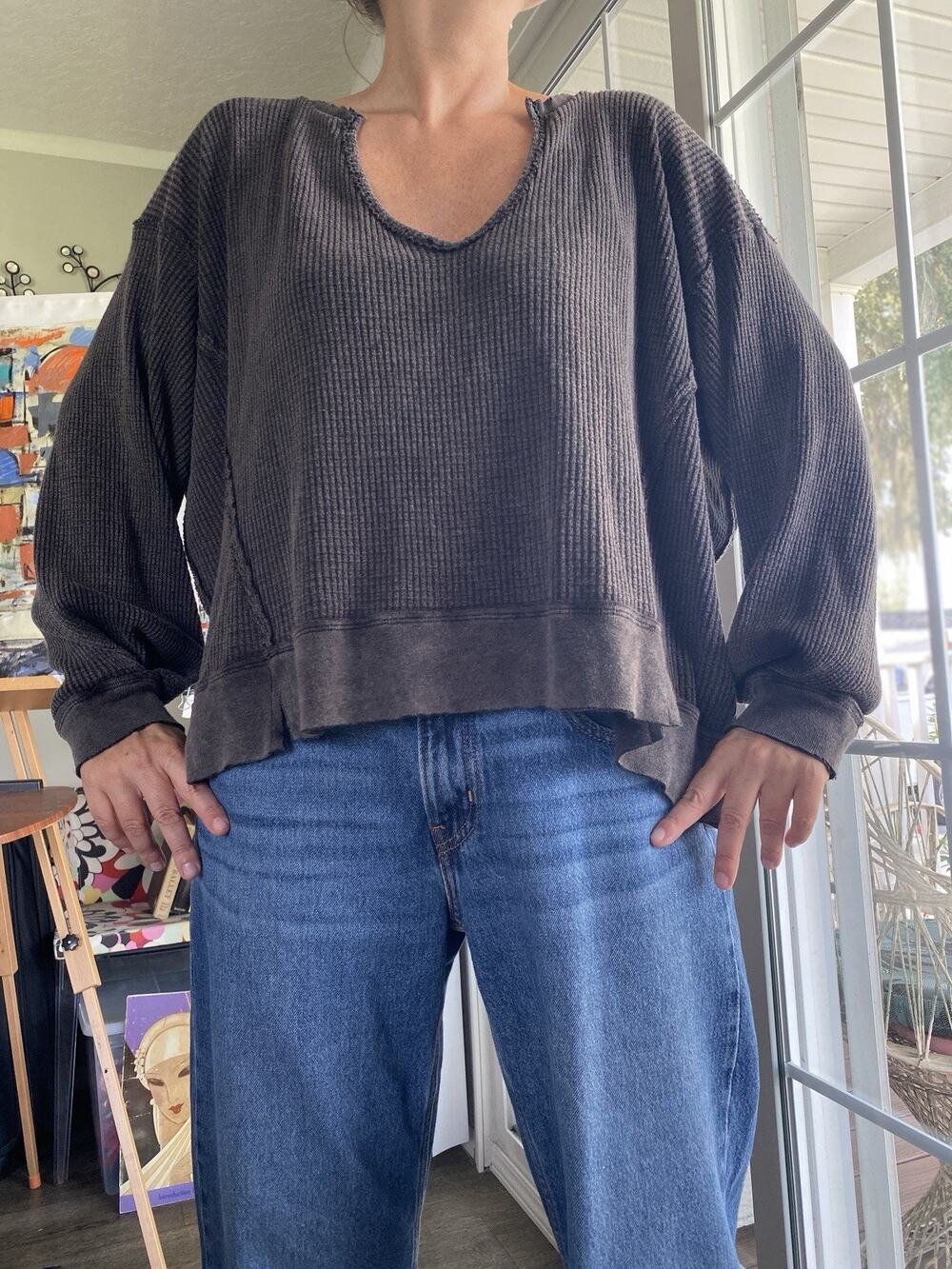 Free People We The Free Buttercup Thermal Washed Black Oversized Top S